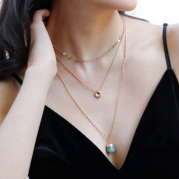 Triple Layered Gold - Green Gem Drop Necklace - Picture 6 of 6